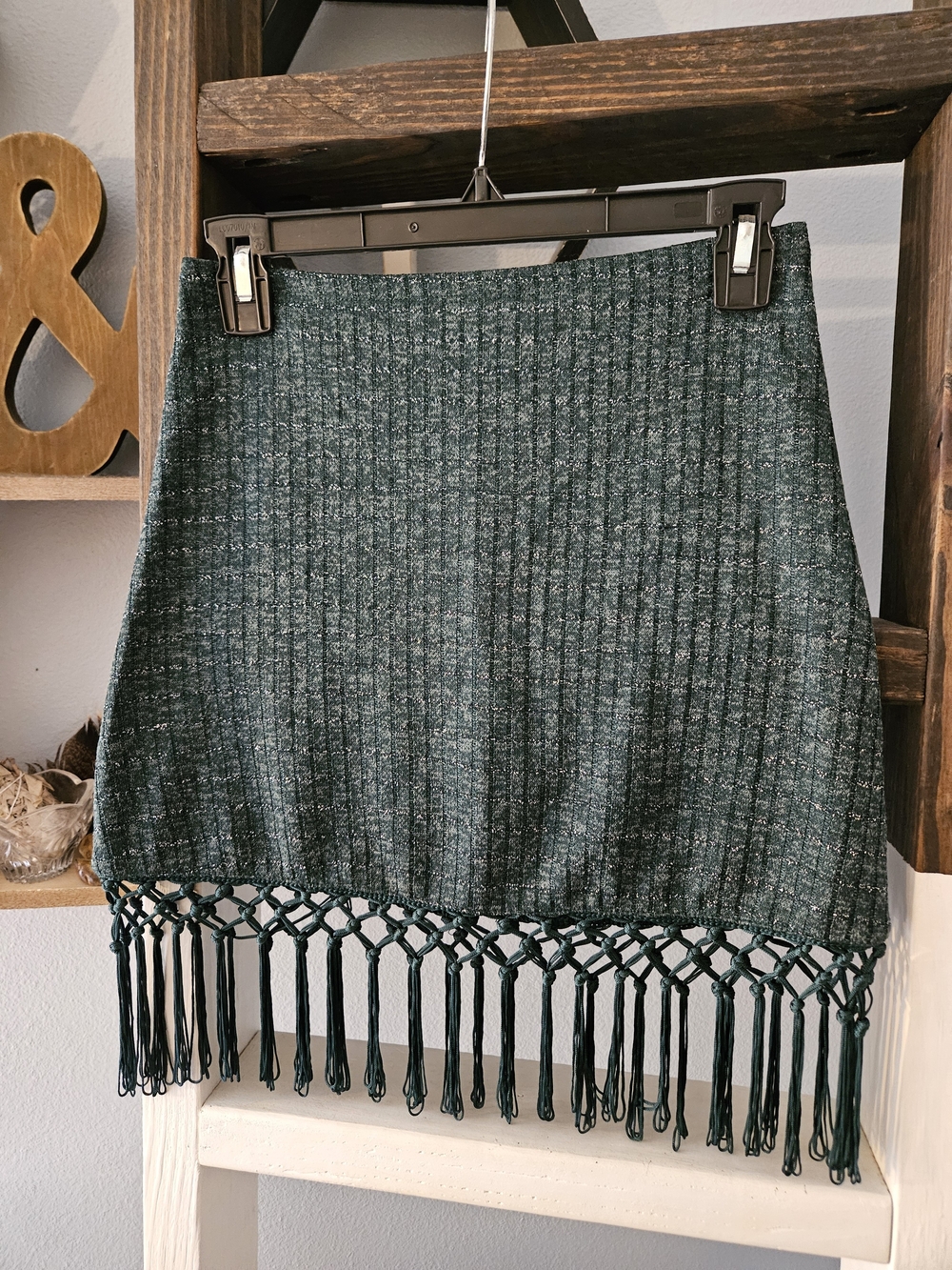 Boho Green Metallic Knit Macrame Fringe Mini Skirt - Fits Size 28/S